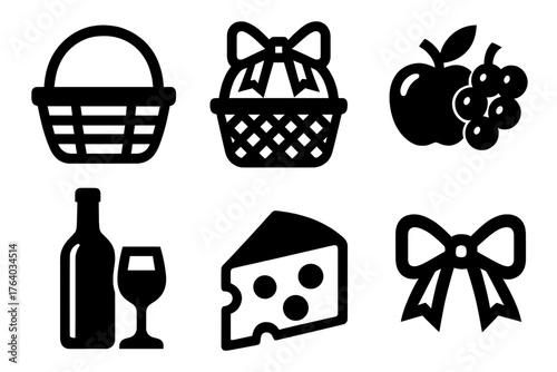 Gift Baskets silhouette set: wicker basket, ribbon, fruit, wine bottle, cheese, bow.