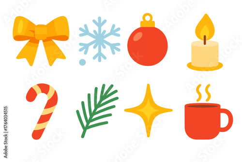 Festive Touches — modern flat icons flat icons: metallic bow, snow shimmer, red ornament, soft candle flame, candy cane, pine needle, star sparkle, warm mug.