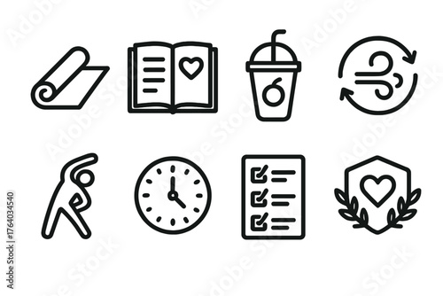 Mindful Habits outline icon set: yoga mat, gratitude journal, smoothie cup, breathing symbol, stretching icon, clock routine, goal list, wellness badge.