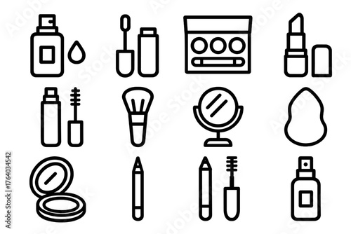Makeup Routine outline icon set: foundation, concealer, eyeshadow palette, lipstick, mascara, blush brush, mirror, sponge, powder compact, eyeliner, brow pencil, setting spray.