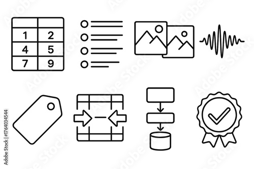 Machine Learning Training Data outline icon set: numeric table, text token list, image sample set, audio waveform dataset, label tag icon, training-validation split, data pipeline
