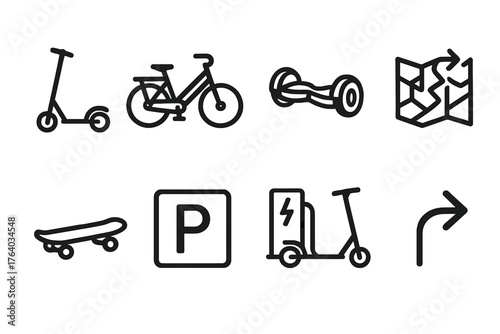 Urban Micro-Mobility outline icon set: electric scooter, e-bike, hoverboard, skateboard, city map, parking zone, charging dock, route arrow.