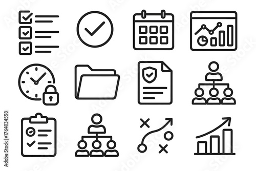 Professional Task Management outline icon set: structured checklist, verified milestone, corporate calendar, enterprise dashboard, KPI progress tracker, secure clock icon,