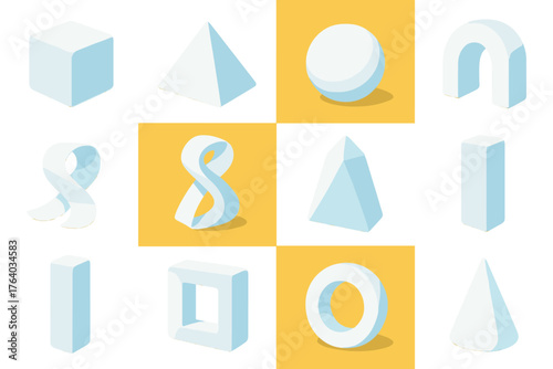 Modern Snow Sculptures flat icons: geometric snow cube, snow pyramid, snow sphere, snow arch, snow ribbon, snow helix, snow prism, snow pillar, snow monolith, snow frame, snow ring