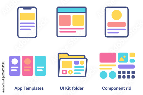 App Templates flat icons: mockup phone, layout examples, card design, onboarding screens, UI kit folder, component grid.