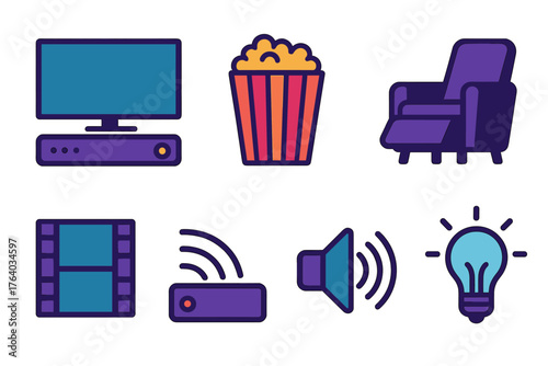 Home Theater flat icons: flat screen TV, soundbar, popcorn, recliner chair, film strip, streaming device, volume icon, dim light.