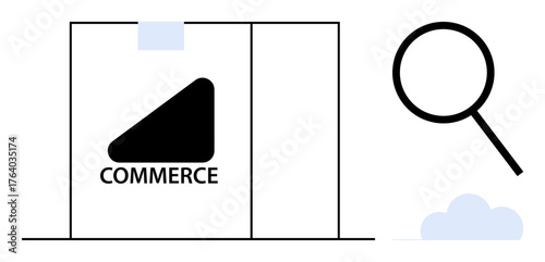 Minimal storefront with commerce text, geometric logo, magnifying glass symbolizing research, and a cloud accent. Ideal for business, e-commerce, online stores, marketing, brand growth analysis