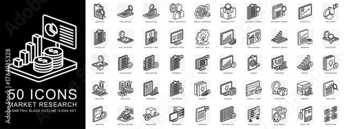 Market Research isometric black outline icons set. contain analysis, evaluation, statistic, growth graph, industry and more. Vector for modern concept, print, UI, UX kit, web and app development.