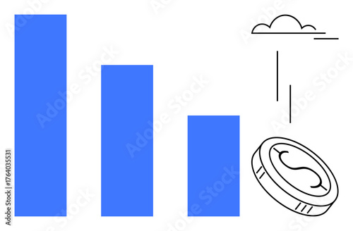 Bar chart with descending bars, coin falling, minimal cloud above. Ideal for finance, economy, loss, risk, business investments or savings themes. Simple flat metaphor
