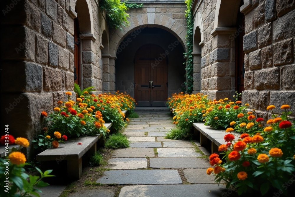 Naklejka premium Peaceful Courtyard Garden of a Capital City Church A serene and secluded courtyard garden within a historic capital city church. Blooming flowers and lush greenery surround weathered stone benches and