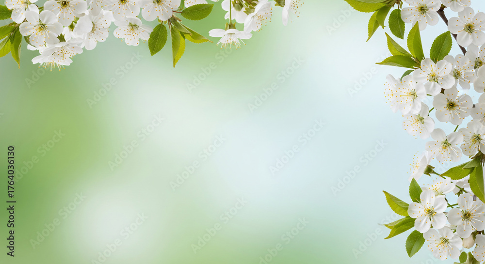 Fototapeta premium A green background with a white flower on it. The flower is in the center of the image and is surrounded by other flowers. The image has a peaceful and calming mood
