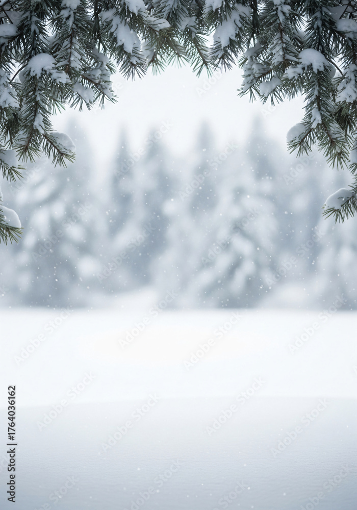 Obraz premium Serene winter landscape with snow-covered branches and falling snow. Winter christmas background