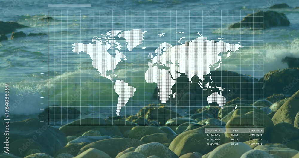 Naklejka premium Displaying clear grid overlay showing world map with timestamp entries and hex codes at rocky beach