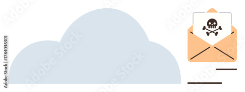 Cloud and open envelope containing malware alert. Ideal for cybersecurity, phishing, digital threats, email security, online safety, hacking prevention, network protection. Simple flat metaphor