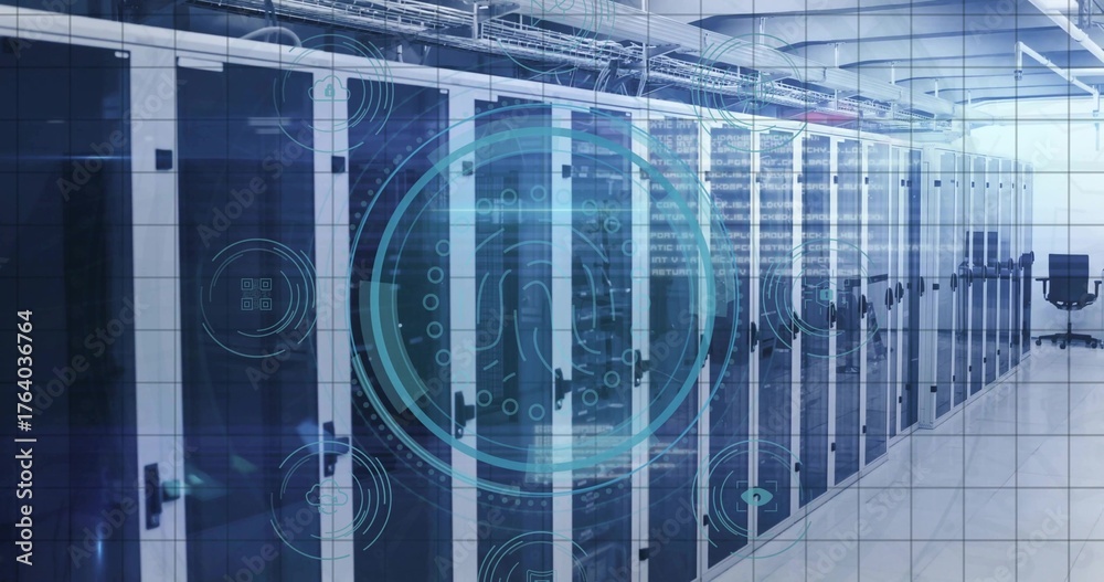Fototapeta premium Lining server racks stretching data center corridor, with overhead cable trays and digital overlay