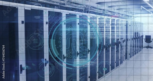 Lining server racks stretching data center corridor, with overhead cable trays and digital overlay