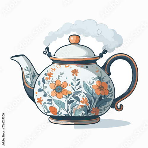 flat doodle vector of porcelain teapot with rising steam
