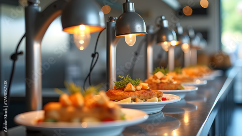 Culinary preparation under warming lights showcasing gourmet cuisine ready for service and a