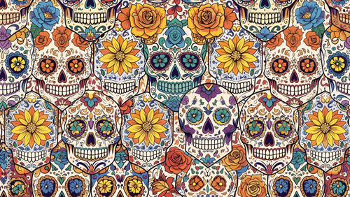 Vibrant Sugar Skulls and Floral Seamless Pattern. Day of the Dead Inspired Background