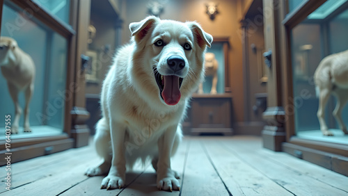 Curious canine exploring a museum exhibit, surrounded by canine displays and artifacts, offering a