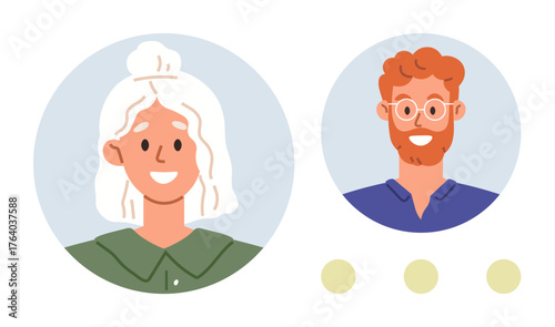 Two avatars of a male with a beard and glasses and a female with white hair in circles three dots below. Ideal for profiles, teams, avatars, apps, social media, networking, ID. Modern flat metaphor