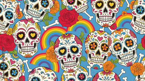 Festive Day of the Dead Sugar Skulls Seamless Pattern with Flowers, Bones & Rainbows