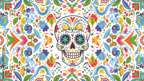 Festive Mexican Sugar Skull and Colorful Folk Art Floral Pattern Background
