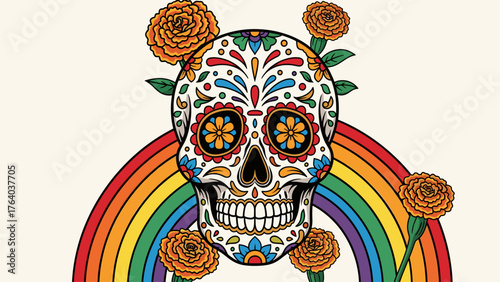 Vibrant Sugar Skull Illustration with Marigolds and Rainbow for Day of the Dead