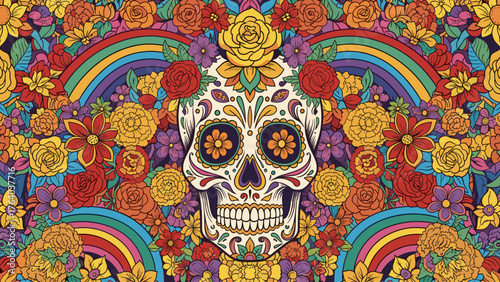 Vibrant Day of the Dead Sugar Skull with Colorful Floral Pattern and Rainbows