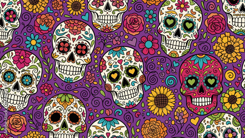 Vibrant Day of the Dead Sugar Skulls Seamless Pattern. Colorful Calaveras, Flowers, and Hearts