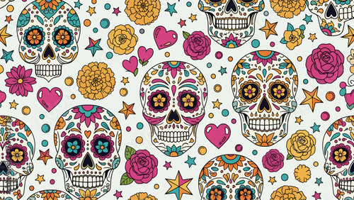 Vibrant Mexican Sugar Skull Seamless Pattern with Floral and Heart Motifs