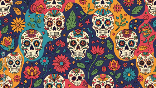 Vibrant Day of the Dead Sugar Skull Seamless Pattern with Colorful Flowers and Leaves