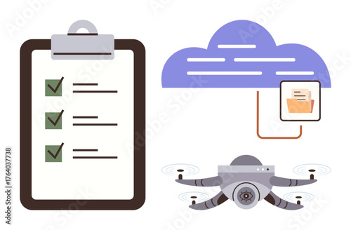 Clipboard with checklist, cloud storing a file, and quadcopter quadcopter. Ideal for task management, tech innovation, data storage, organization, automation, remote work simple flat metaphor