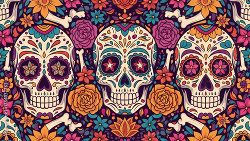 Vibrant Day of the Dead Sugar Skulls Seamless Pattern with Colorful Flowers and Bones