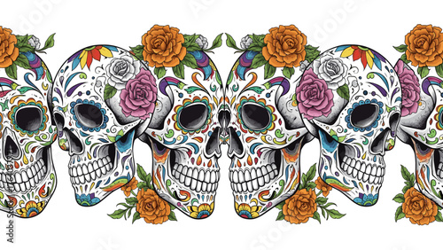 Vibrant Sugar Skulls & Floral Seamless Border. Day of the Dead Calavera Pattern with Roses & Marigolds.