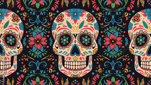 Mexican Sugar Skulls Seamless Pattern. Colorful Día de los Muertos Calavera Background