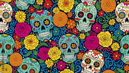 Vibrant Day of the Dead Sugar Skull and Floral Seamless Pattern Background