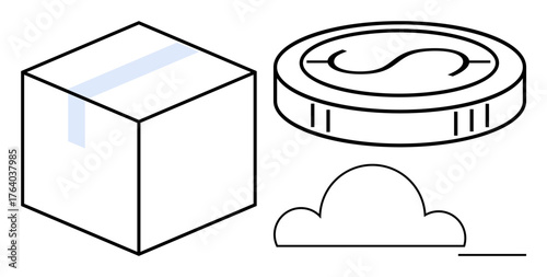 Box representing shipping, coin symbolizing payment, and cloud indicating technology integration. Ideal for online shopping, logistics, digital payments, cloud storage, global trade, fintech retail
