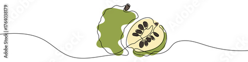 Cherimoya or Sugar-apple in one line art style. Drawing of a whole tropical fruit and its cut half with seeds, with editable black stroke and color on white background. Vector illustration.