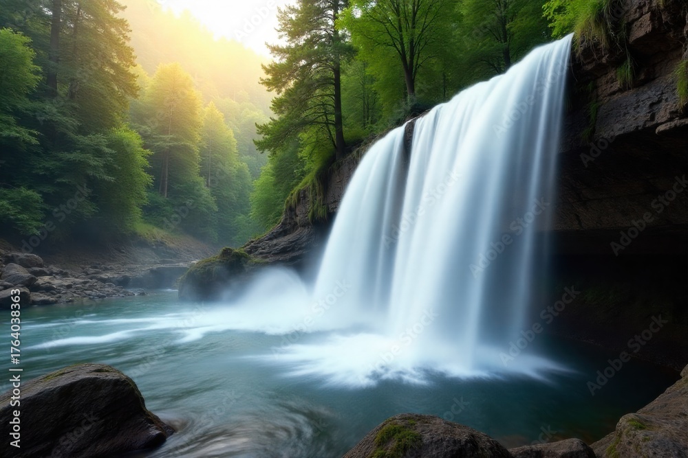 Obraz premium Subtle, soft waterfall splash in a serene forest setting, with gentle mist and diffused light. A soft focus, high speed capture of a gentle waterfall splash in a serene forest. Diffused, ambient light