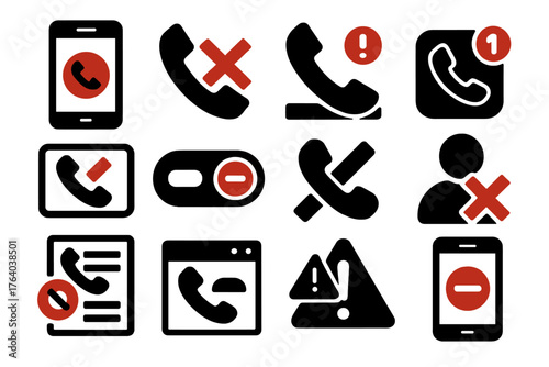 Busy Signal UI silhouette set: smartphone busy screen, call rejected icon, busy line notification, phone app with red badge, call declined pop-up, busy status toggle, do not