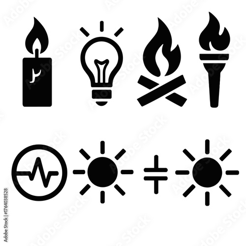 Energy silhouette set: candle flame, glowing lamp, campfire, torch, pulse circle, solar ray, electric circuit, radiating sphere.