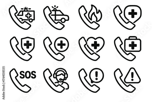 Emergency Call Icons outline icon set: ambulance phone, police hotline, fire hotline, phone with cross symbol, phone with shield, phone with plus icon, safety hotline, medical