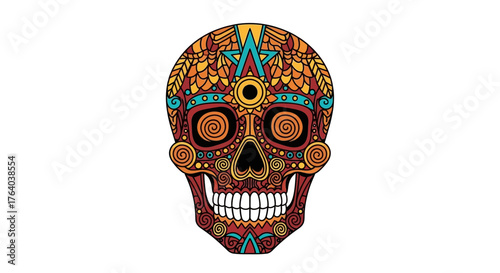 Vibrant Day of the Dead sugar skull illustration, perfect for celebrations, honoring loved ones, cultural events, and festive designs, a bold symbol of remembrance