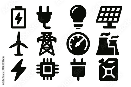 Energy load silhouette set: battery, plug, light bulb, solar panel, wind turbine, electric tower, gauge meter, power plant, lightning bolt, circuit board, capacitor, fuel can.