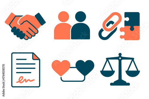 Partnership basics flat icons: handshake, two people icon, linked chain, puzzle pieces, agreement document, heart connection, balance scale, collaboration arrows.