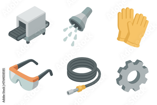 Industrial washing set icons in modern isometric flat vector style: conveyor washer, spray nozzle, gloves, safety goggles, pressure hose, gear.