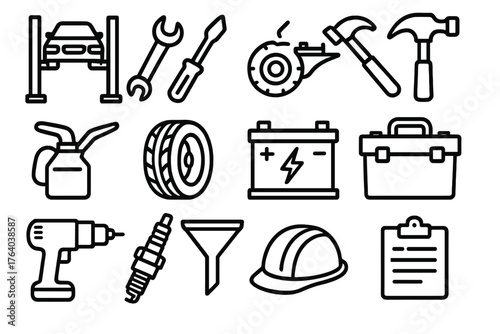 Auto Garage outline icon set: car lift, wrench, screwdriver, hammer, oil can, tire, battery, gear, drill, spark plug, funnel, toolbox, workbench, helmet, rag, clipboard.