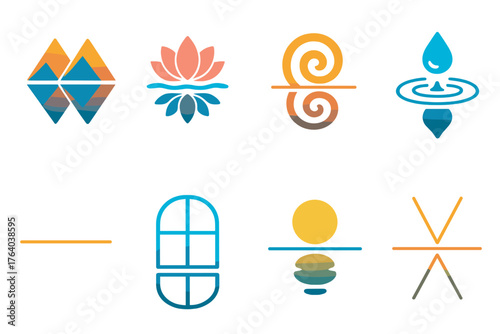Reflection flat icons: double mountains, lotus on water, abstract spiral, droplet reflection, horizon line, window, glowing moon, symmetry lines.