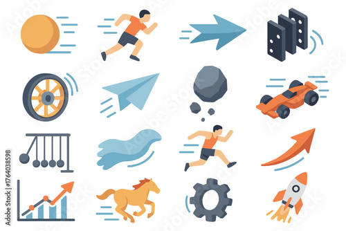 Momentum set icons in modern isometric flat vector style: rolling ball, running figure, arrow in motion, domino tiles, spinning wheel, flying paper plane, falling rock, racing car,